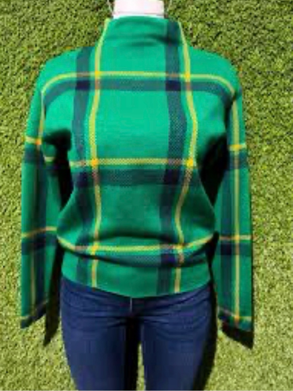 Tahari Green Plaid Turtleneck Sweater with Yellow & Navy Accents
